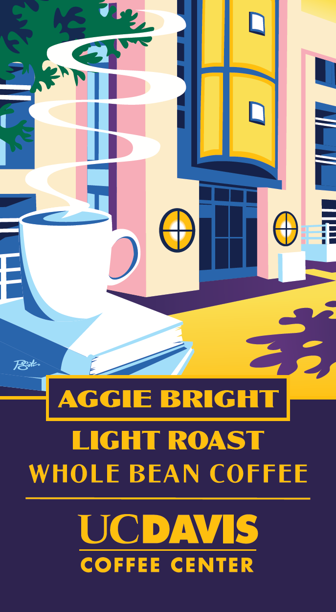 Aggie Bright bag design featuring the Library and a cup of coffee