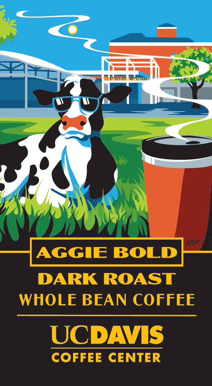 Aggie Bold coffee bag design featuring a cow wearing sunglasses in the Quad and a cup of coffee